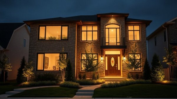 Modern California home under $5M with stone facade and warm lighting.