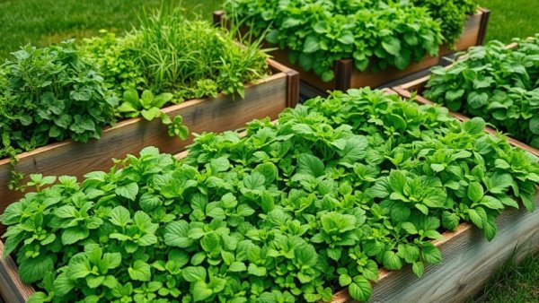 Raised vegetable garden layout in lush, well-maintained setting.