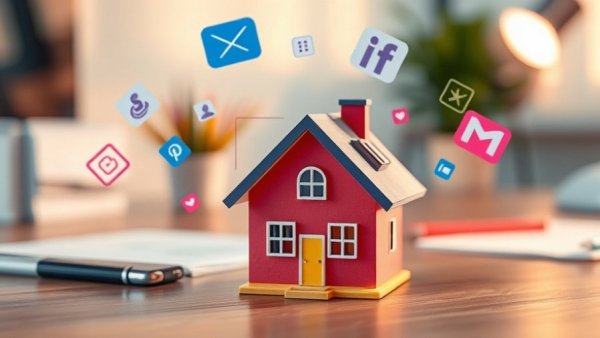 Miniature house and social media icons for real estate marketing
