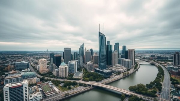 Melbourne's urban skyline with Yarra River on a cloudy day.