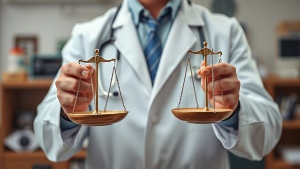 Doctor holding scales symbolizing justice in healthcare.