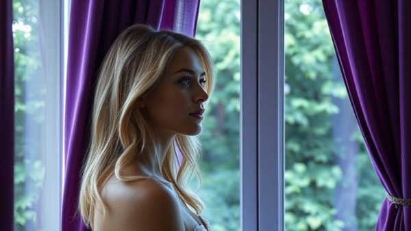 Thoughtfully serene woman gazes out window with purple curtains.