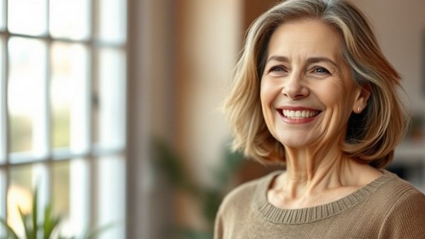 Middle-aged woman smiling indoors near window, natural lighting.