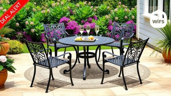 Home Depot Spring Black Friday patio furniture sale, elegant patio set on tiled outdoor space.