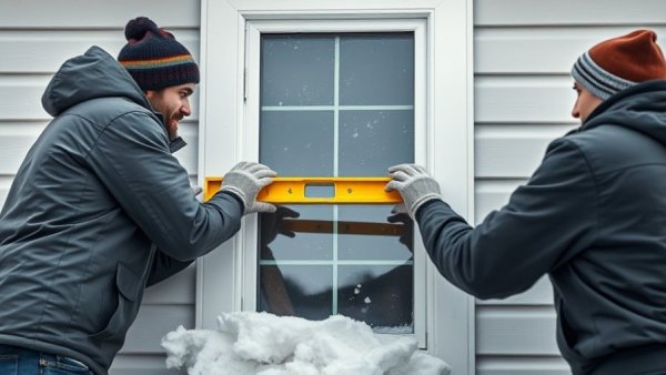 Workers installing window with precision on snowy construction site. Custom vs. Standard Replacement Windows.