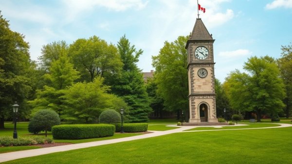 Historic clock tower in Waterloo Region surrounded by greenery