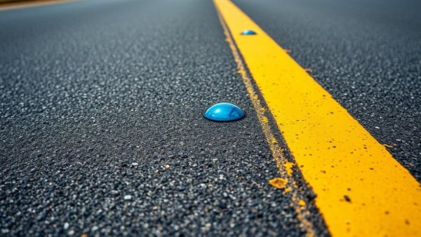 Close-up of blue reflectors on the road with yellow lines.