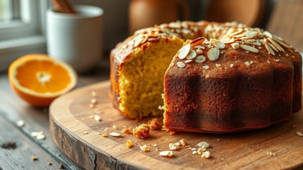Orange almond cake on rustic board with almond toppings.
