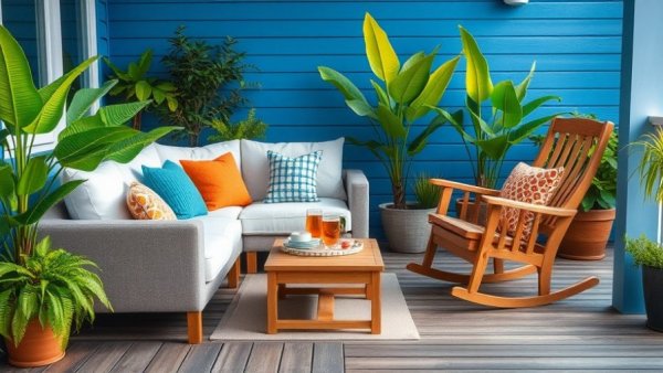 Cozy outdoor seating with couch and rocking chair on a wooden deck.