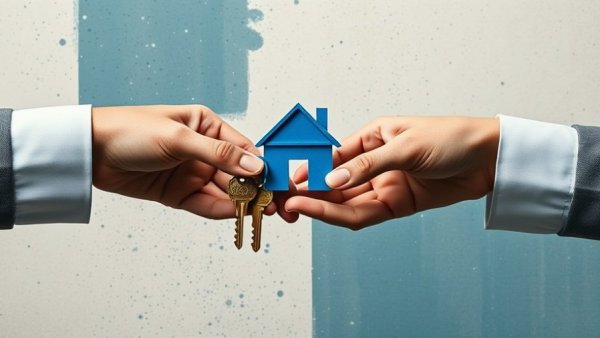 Artistic collage of hands exchanging keys and house icon, prepare your finances for a mortgage.
