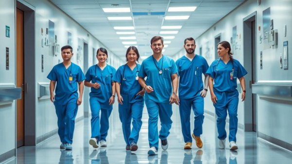 Medical professionals in hospital corridor focusing on work.