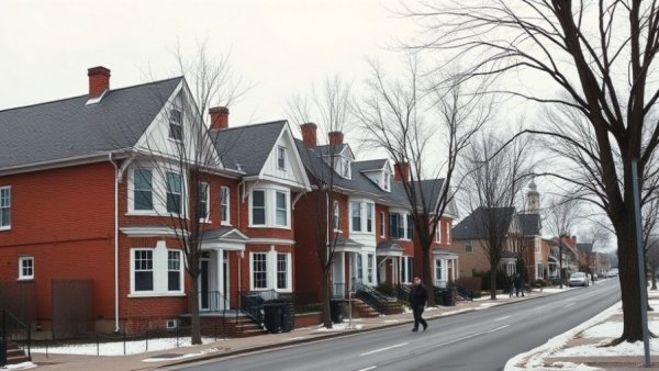 Traditional houses along a street, snowy winter day, switch mortgage lenders at renewal context.