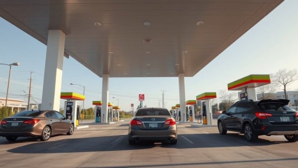 Modern gas station with cars refueling, illustrating fuel prices variation by state.