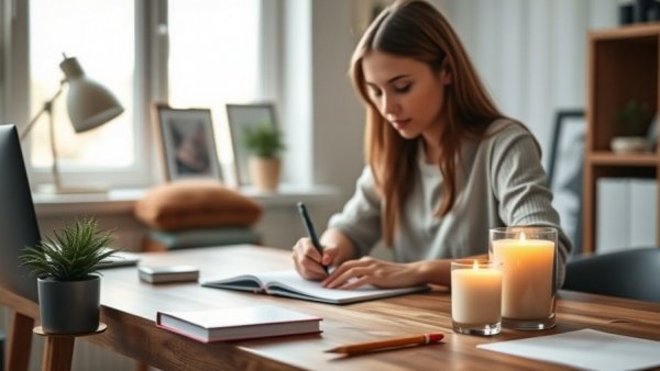 Serene home office with non-toxic candle and young woman writing.