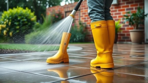 Person cleans patio tiles with a pressure washer, yellow boots.
