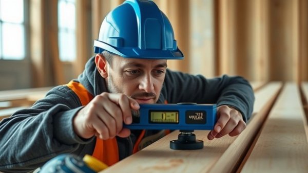 Focused worker measuring decking with blue spirit level, indoor setting.
