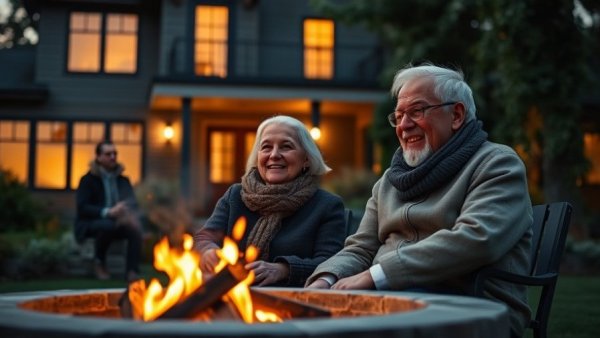 Winter Heating Tips: Elderly couple enjoying outdoor fire pit at dusk.
