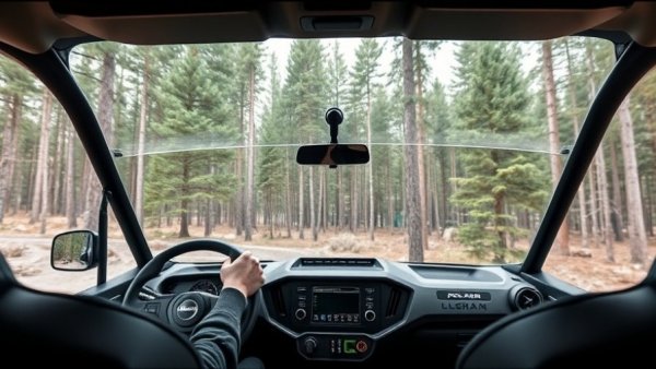Polaris Northstar vehicle interior with driver adjusting controls in forest.