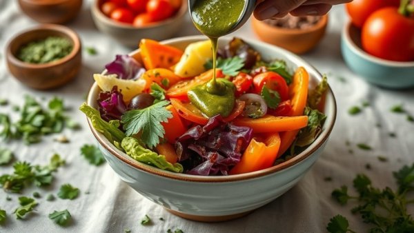 Vibrant vegetable bowl with dressing; easy recipes for one.