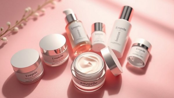 Emepelle menopausal skincare products on a pink background.