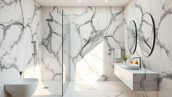Modern bathroom with marble design, highlighting natural stone choices.