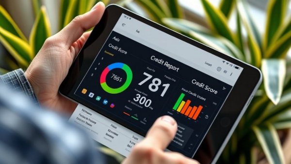 Tablet showing credit score of 781 in bright room.