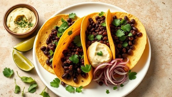 Crispy black bean tacos with sides on a plate.