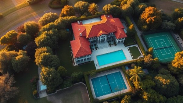 Aerial view of Brisbane's best house with lush gardens.