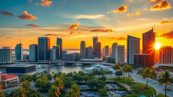 Panoramic view of Tampa Bay skyline at sunset with skyscrapers and palm trees.