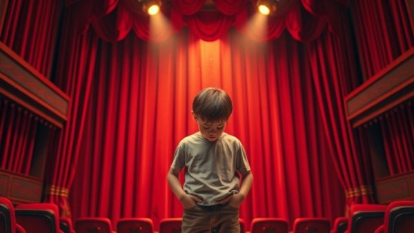 Young boy overcoming erythrophobia on stage under spotlight.