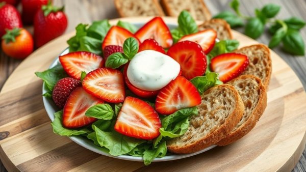 Hearty spring salad with strawberries and burrata on a wooden board