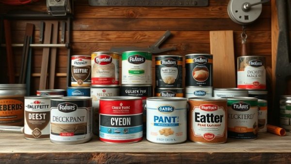 Various paint cans for best deck paints in a rustic workshop.