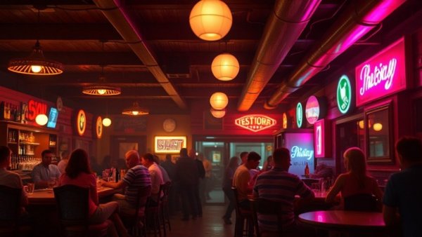 Retro bar with 1970s decor and patrons socializing, dim lighting.