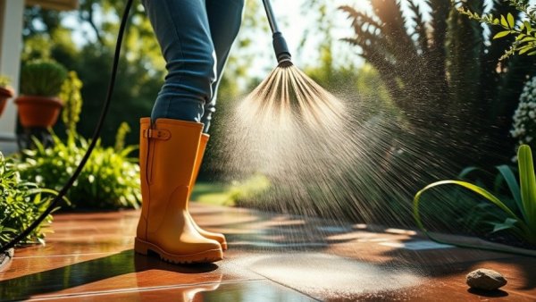 Homeowner using pressure washer on patio in a garden.