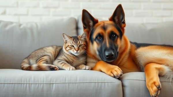 Cat and German shepherd relaxing on sofa, Moving With Pets.