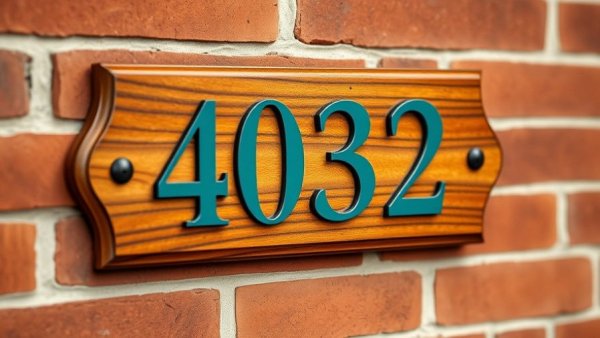 House number 4032 on wooden plaque, numerology significance.