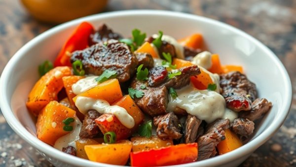 Healthy Philly Cheese Steak Bowl with beef, veggies, and sauce.