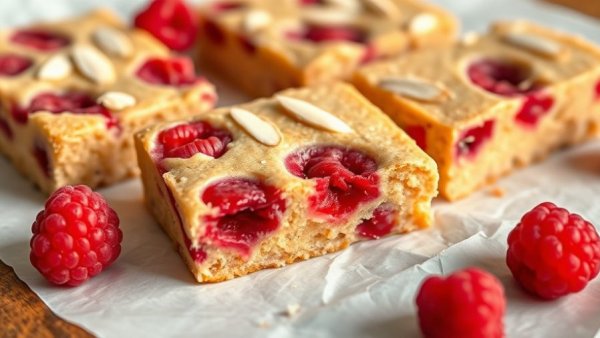 High Protein Lemon Raspberry Almond Flour Bars with fresh raspberries on parchment.