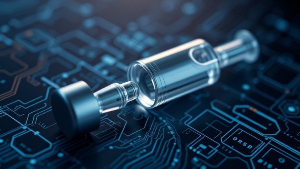 Futuristic transdermal serum delivery device with digital face backdrop.