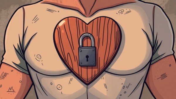 Overcome ultra-independence: heart-shaped wooden shield on chest with padlock.