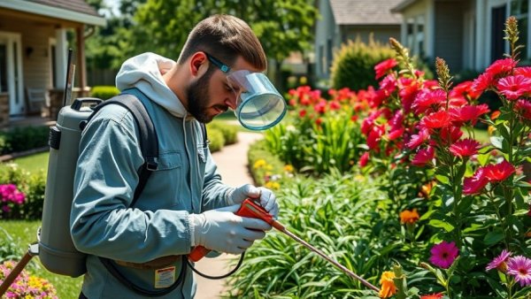 Professional pest control in suburban garden for effective pest management.