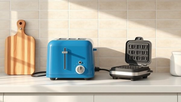 Unplugged appliances on kitchen counter after power surge, soft daylight.