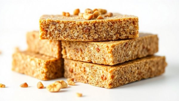 No-bake banana nut vegan protein bars stacked and topped with nuts.