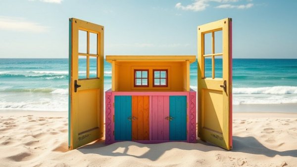 Mornington Peninsula beach box with vibrant colors and open doors.