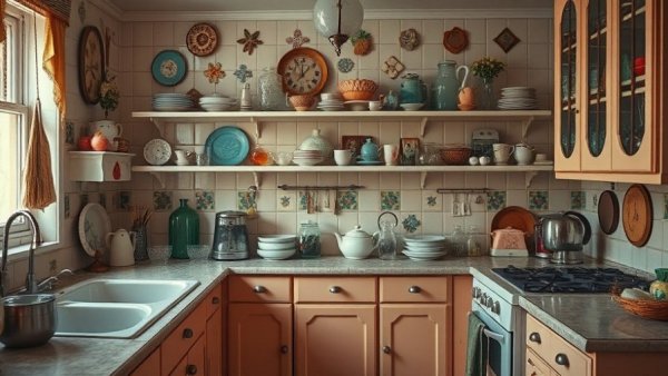 Vintage kitchen with breakable items on shelves and peach cabinets.