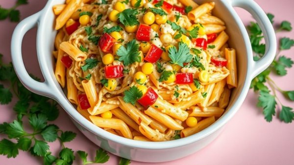 Delicious baked street corn pasta in white dish with toppings