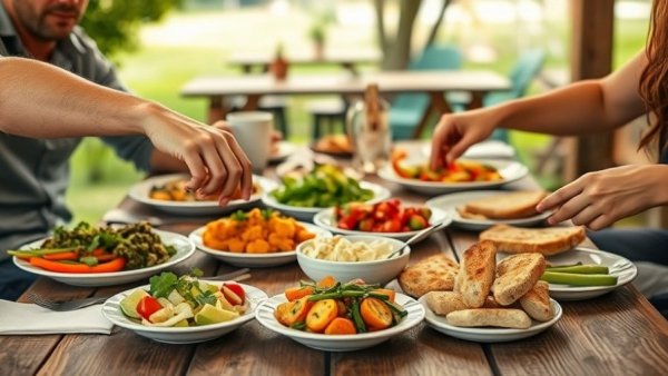 Healthy outdoor dinner scene showcasing various dishes, illustrating 5 PM dinner fatigue.