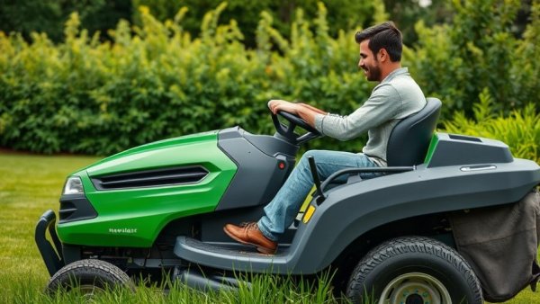 Man using high-tech riding mower in lush green lawn for best riding lawn mowers 2026.