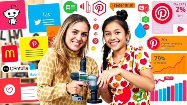 Collage of social media icons with mother and daughter DIY project, Home Depot Reddit integration.