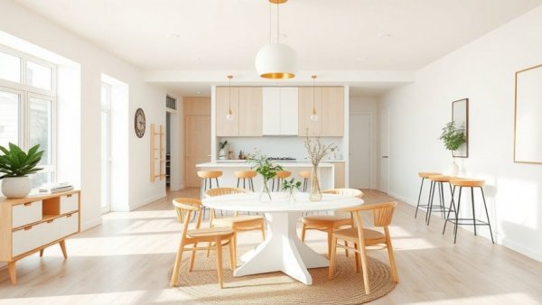 Modern dining area with wooden furniture and pendant light fixture